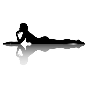 Silueta aislada de mujer desnuda acostada boca abajo con sombra o reflejo en el suelo
