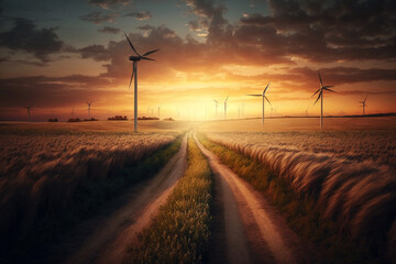 Obraz premium Wind Turbines on a field at sunset. Renewable Energy production using wind turbines. Ai generated