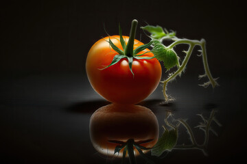 Juicy and appetizing cherry tomato on dark background. Ai generated art