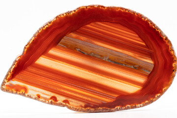 White, dark and light orange, red semi-transparent agate slice crystal, straight bands of silica chalcedony stone isolated on a white background surface with detail. Abstract crystal with copy space