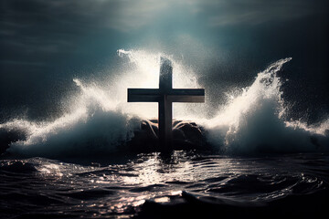 Catholic Christian Cross in the water with waves crashing, Generative AI