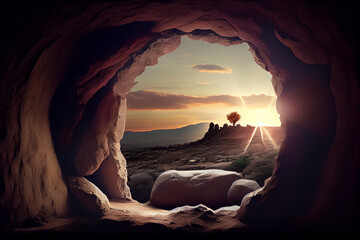 Easter or Resurrection concept, empty tomb of Jesus with crosses in the background, Generative AI