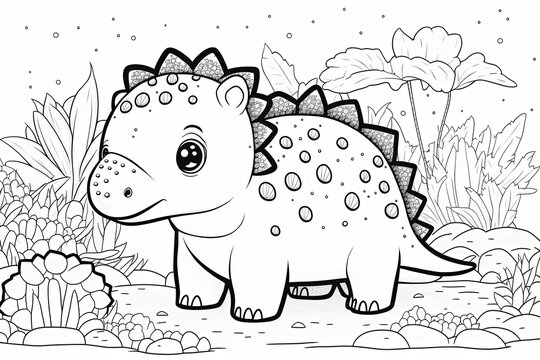 Printable coloring page of a cartoon ankylosaurus. Generative AI