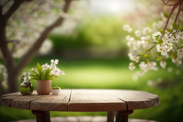 Wooden table space with white blossom view blur background, Generative AI