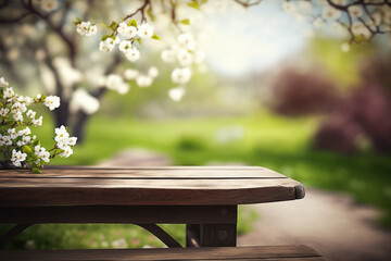 Naklejka premium Wooden table space with white blossom view blur background, Generative AI
