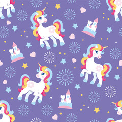 Colorful seamless pattern with cute cartoon unicorn, star, heart and fairy castle for fabric, baby clothes, background, textile, wallpaper, decoration. Flat vector illustration.