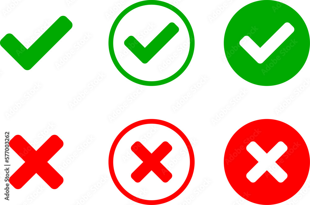 Poster yes and no or right and wrong or approved and declined icons with check mark and x signs in green an