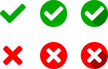 Yes and No or Right and Wrong or Approved and Declined Icons with Check Mark and X Signs with 3D Shadow Effect in Green and Red Circles. Vector Image.