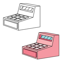 Vector illustration of a pink cash drawer.  Perfect for art, postcards, cards, wall decor, t-shirts, cards, prints, drawing books, coloring books, wallpaper, prints, cards, ect.  