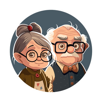 Couple Grandma and Grandpa Together. Cute Cartoon Style Pensioner. Vector