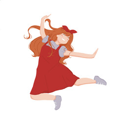 girl in red dress jumping