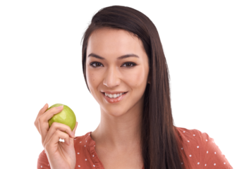 A beautiful female or vegan girl holding an apple with a smiling face suggesting a fruit product for a weight loss diet, body detox or wellness lifestyle isolated on a png background.