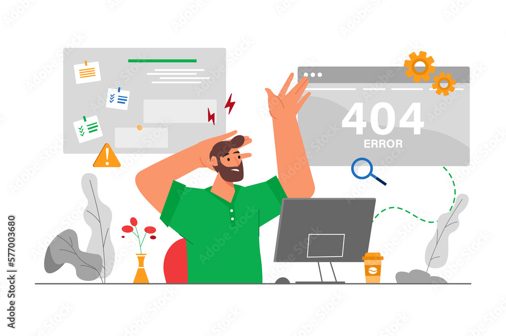 Poster 404 not found gray concept with people scene in the flat cartoon design. programmer is worried that 