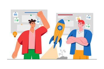 Startup gray concept with people scene in the flat cartoon style. Two friends decide to try register their first startup.
