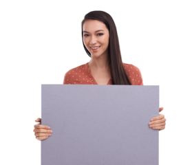 A female product analyst or a manager woman with a poster, placard, or billboard for promotion, advertising or product placement, sign, banner with a copy space isolated on a png background.