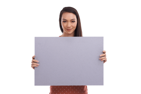 An Asian girl holding a blank poster for a mockup for advertising or marketing, Billboard, branding, and product placement with copy space for news or an announcement isolated on a png background.