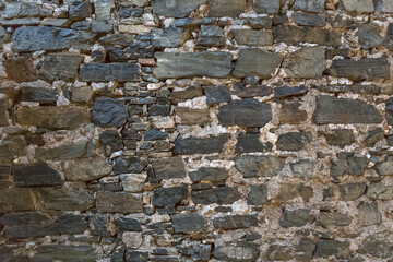 Architecture textures, detailed and rustic of paired schist masonry, traditional spanish and portuguese shist wall, typical iberian mix dark and light gray schist