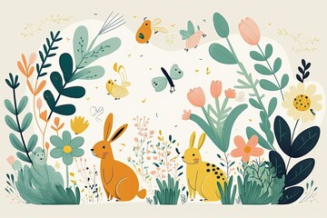 Fototapeta premium Horizontal spring banner with fanciful flowers. There are pastel bunnies, hares, and a bumblebee among the flowers and plants. Poster, greeting card, and website header examples of modern minimalism