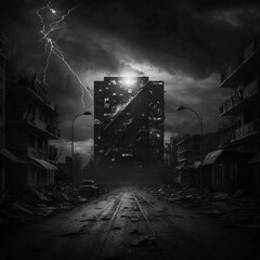 Abandoned City Destruction dark monochromatic post war