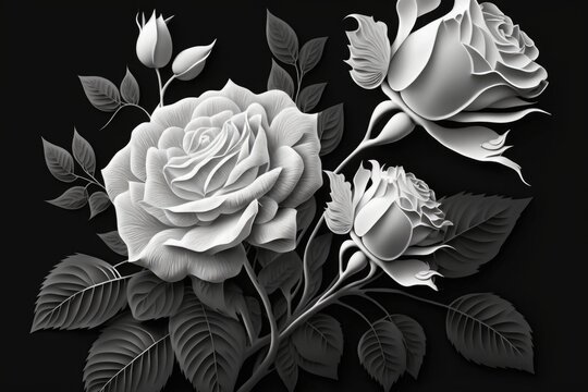 White roses against a black background. Generative AI