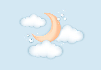3d baby shower, moon with clouds for kids design in pastel colors. Cute vector illustration in realistic style.