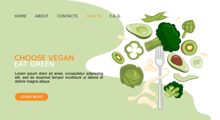 Vegan food landing page with fresh fruits and vegetables on a fork