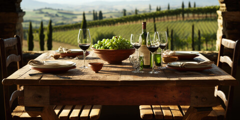 Rustic table Set with Wine, Grapes, and beautiful Nature views - A Warm and Inviting Scene, Enjoying a Glass of Red Wine Amidst Rolling Vineyards and Lush Green Hills AI Generative - obrazy, fototapety, plakaty