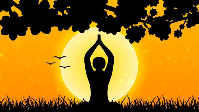 Pearson doing morning yoga animation using flower branch and grass land