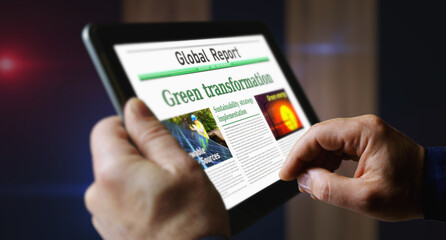 Green transformation ecology and environment newspaper on mobile tablet screen