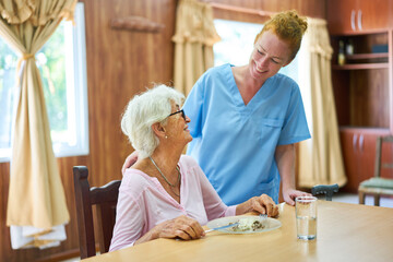 Nursing woman looks after senior citizen at lunch