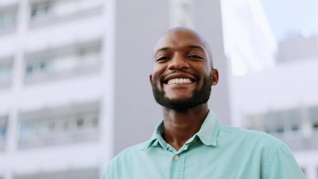 City, smile and face of black man for business success, goals and positive mindset in urban town. Leadership, motivation and portrait of male entrepreneur with confidence, growth and happy attitude