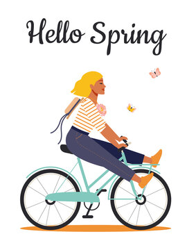Hello spring. A happy woman with a peony on a striped t-shirt rides a bicycle and rejoices in the beginning of spring, improving her physical and mental health on a white background. 