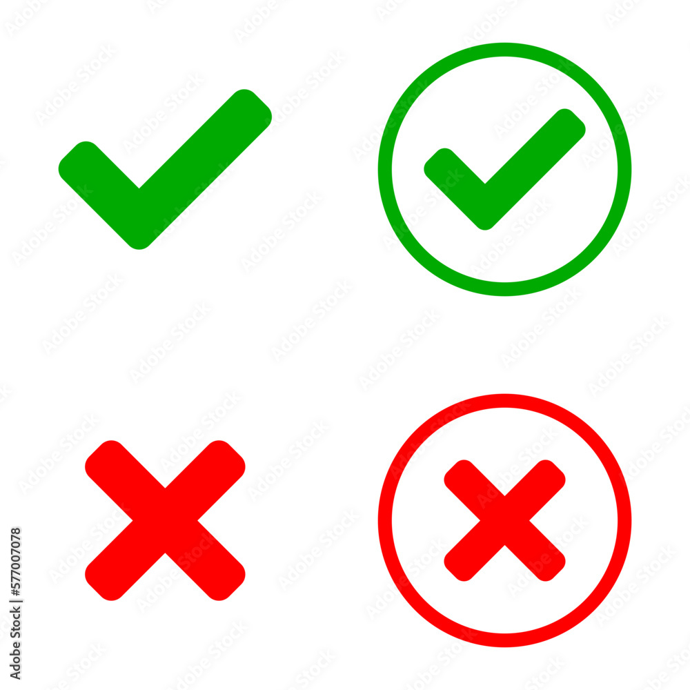 Poster yes and no or right and wrong or approved and declined icon set with check mark and x signs in green