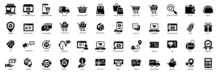 E-commerce shopping icons set. Online shopping icons set and payment elements. Vector illustration - obrazy, fototapety, plakaty