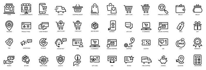 Fototapeta na wymiar E-commerce shopping icons set. Online shopping icons set and payment elements. Vector illustration