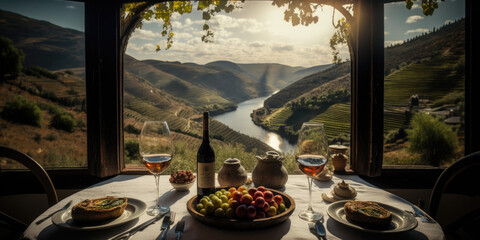 Breathtaking beauty of the Douro Valley, Portugal, with a table setting of grapes, a wine bottle, and a wine glass in the foreground AI Generative - obrazy, fototapety, plakaty
