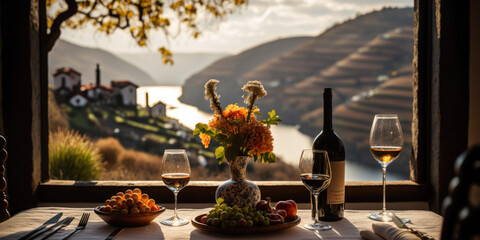 Breathtaking beauty of the Douro Valley, Portugal, with a table setting of grapes, a wine bottle, and a wine glass in the foreground AI Generative