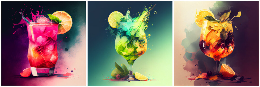 set of images alcoholic cocktail pink, green, yellow colors, watercolor style, generated ai