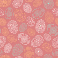 Hand drawn seamless pattern of Easter eggs with patterns, mandala, flowers, leaves on a red background. Ornate outline illustration at Easter greeting card, wallpaper, wrapping paper, textile, fabric