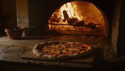 Pizza being taken out of a wood burning oven, generative ai
