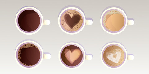 Set Coffee cup, beverage with caffeine, cappuccino in mug top view collection in cartoon style isolated on white background. 