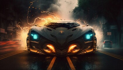 Futuristic car illuminating the street in neon tones in beautiful futuristic city, Generative AI