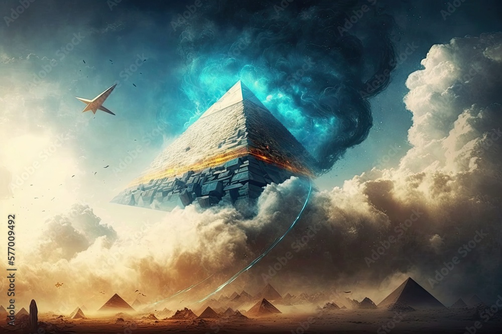 Poster ufo spotted emerging from the clouds above the pyramids . generative ai