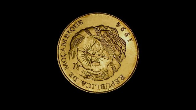 Obverse of Mozambique coin 20 meticais 1994, isolated in black background. 4k video