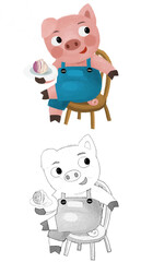 cartoon scene with farmer funnt pig rancher isolated illustration for children sketch