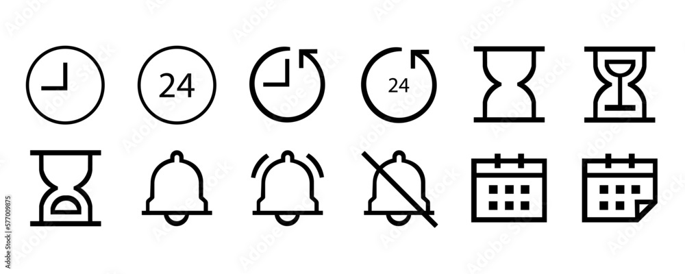 Poster set of 12 clock icons. message line icon set, outline thin line icons such as time hands, time 24/7 