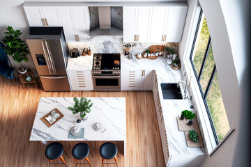 Scandinavian classic kitchen with white details, minimalistic interior design, generative ai
