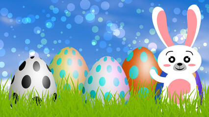 cute bunny on blur background with beautiful Easter eggs