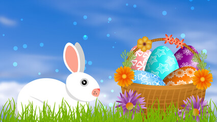 cute bunny on blur background with beautiful Easter eggs