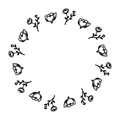 Floral frame or garland of flowers in a circular shape of black color on a transparent background